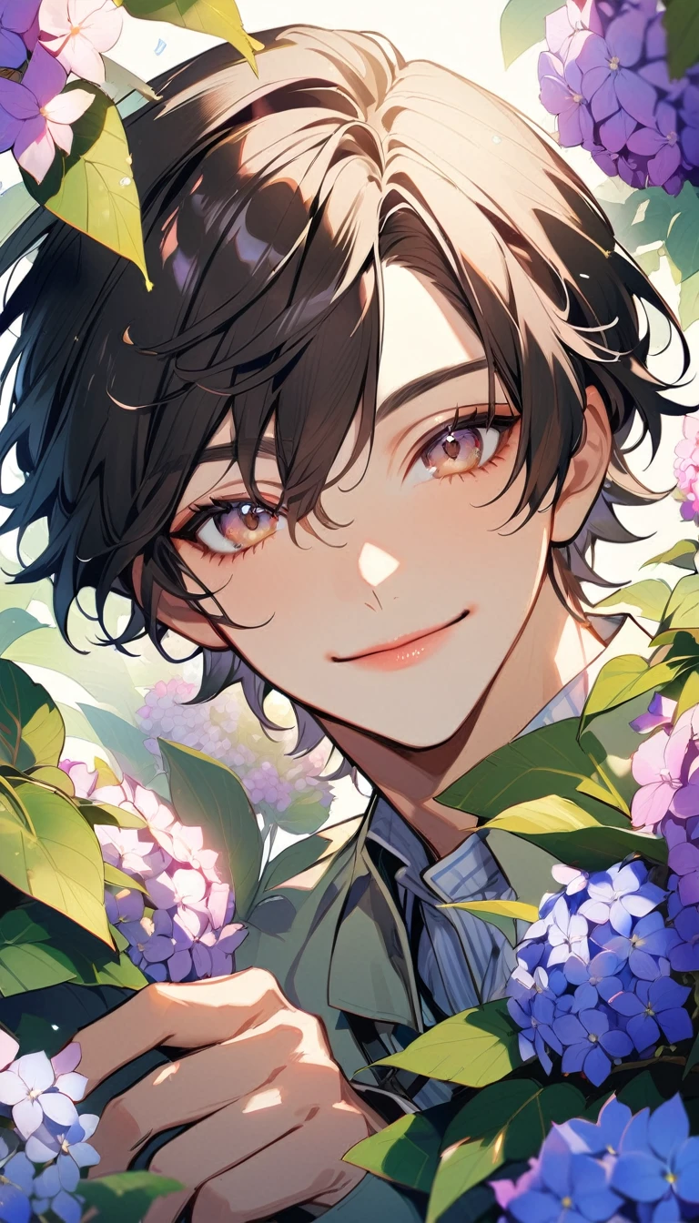 1man, solo, spiral comma bang, black Hair, brown eyes, light lips, smile, 25years old, hydrangea