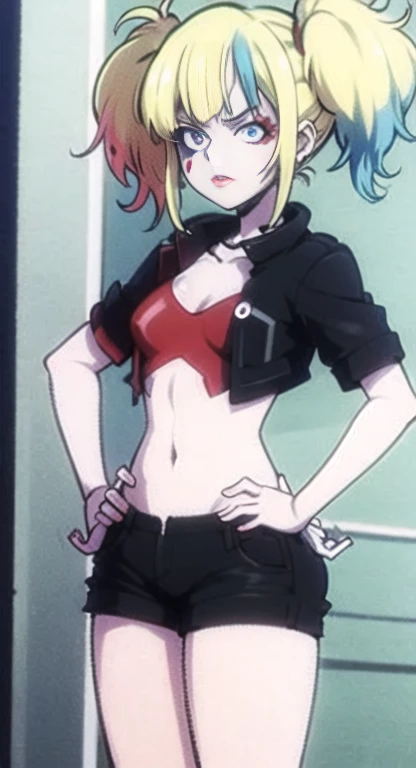 Small breasts, pigtails, red and black crop top, Red and Black shorts,