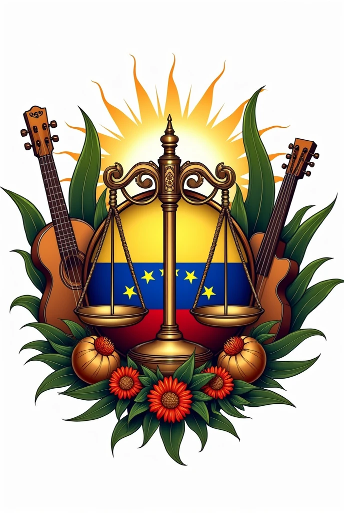 A logo of the Folklorist Lawyers of Venezuela with the flag of Venezuela on both sides, arpa, Four and maracas from Venezuela and the scale of lawyers