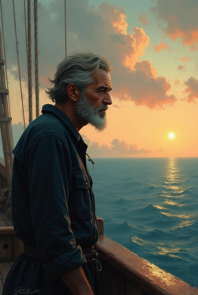 follow the same sailor from above please!Part 2: Saudade Description:
The sailor looks at the horizon. In your mind, Images of a Spanish woman emerge, reminding you of the Andalusians. His expression is melancholy.