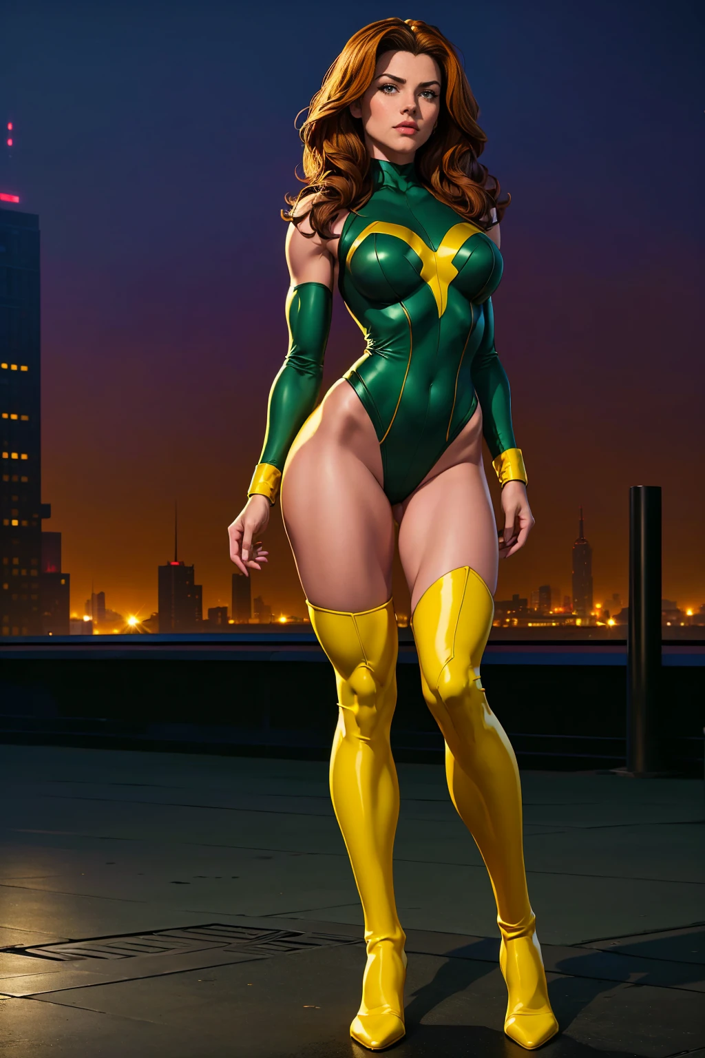 ((Full body photo, standing, feet on the floor)) (best quality,4k,8k,highres,masterpiece:1.2),ultra-detailed,(realistic,photorealistic,photo-realistic:1.37),full body shot,Rogue,X-Men,yellow thigh high boots,beauty pose, standing tall, show feet, outside, city rooftop at night, green headband
