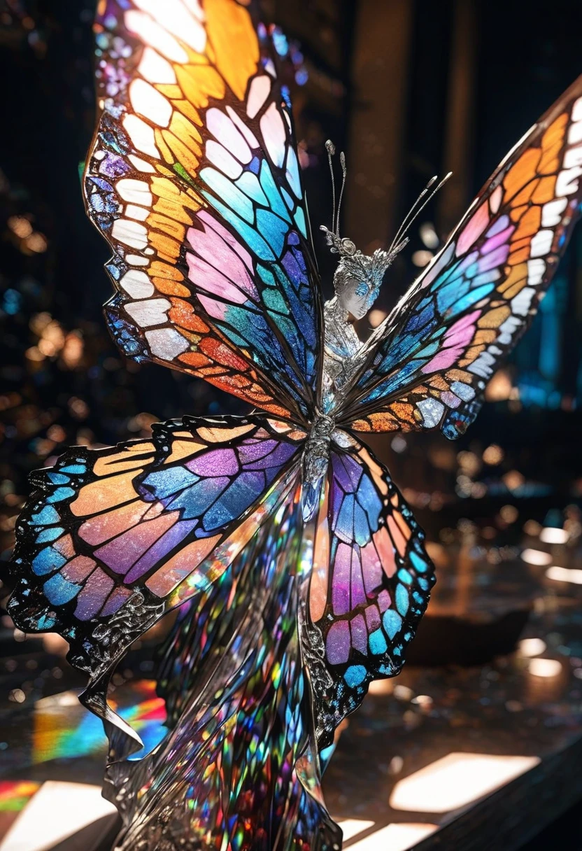 stained glass style butterfly, a work of art carved from pearl platinum crystal, (ultra detailed, absolutely resolution, best quality:1.3), 2.5D, delicate and dynamic effects, iridescent lighting effects, artistic photography, hyper realistic