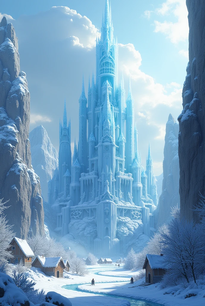 Make me a gigantic, imposing ice castle with an ice fortress in winter next to a village