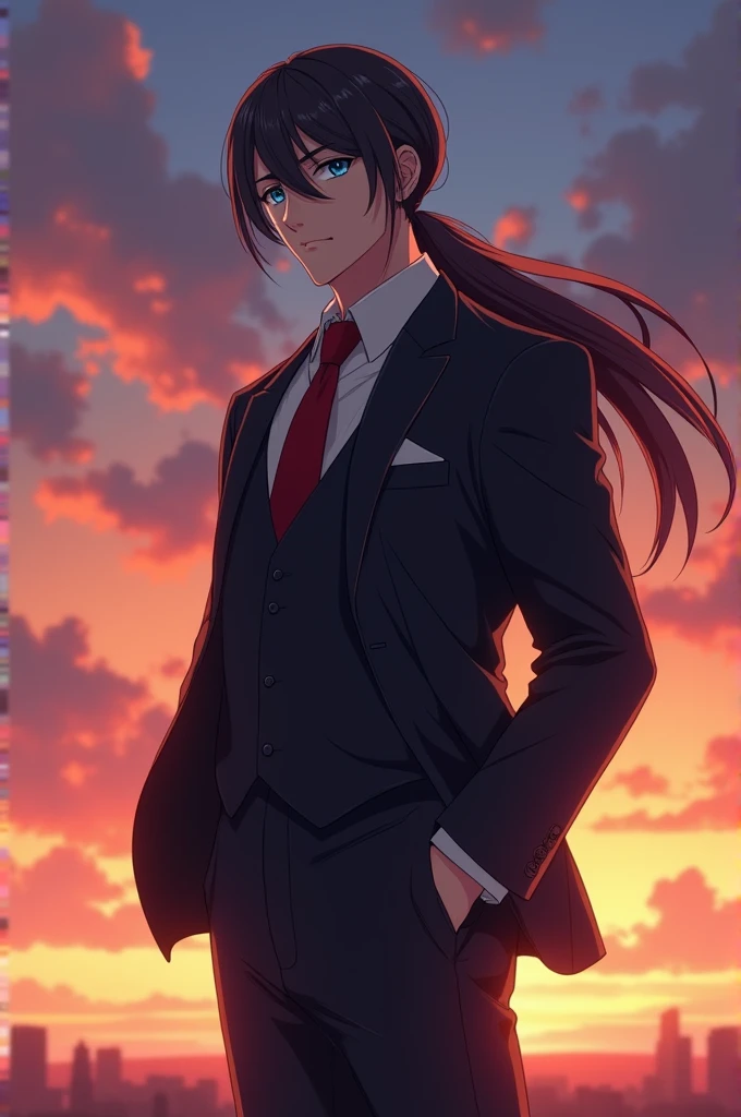 anime character, masculine, 1.87 height, dull crystal blue eye color, expression would be, wearing a suit and looking forward, very realistic, long hair up, background behind him a beautiful sunset