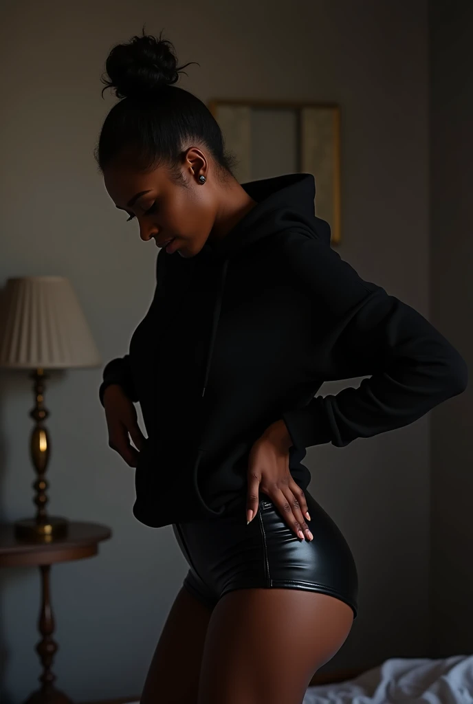 a black woman with her hair in a bun, wearing a black hoodie, bending over and pulling up her black leather shorts, in her bedroom, putting on her clothes, extremely detailed, photorealistic, high quality, ultra-detailed, 8k, masterpiece, cinematic lighting, dramatic contrast, dark moody atmosphere