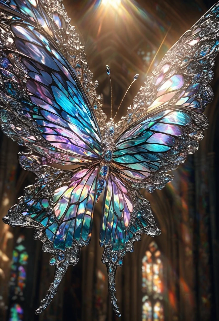 stained glass style butterfly, a work of art carved from pearl platinum crystal, (ultra detailed, absolutely resolution, best quality:1.3), 2.5D, delicate and dynamic effects, iridescent lighting effects, artistic photography, hyper realistic
