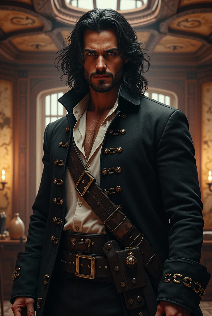 A pirate with shoulder-length black hair, handsome and dark eyes, no beard inside a pirate ship