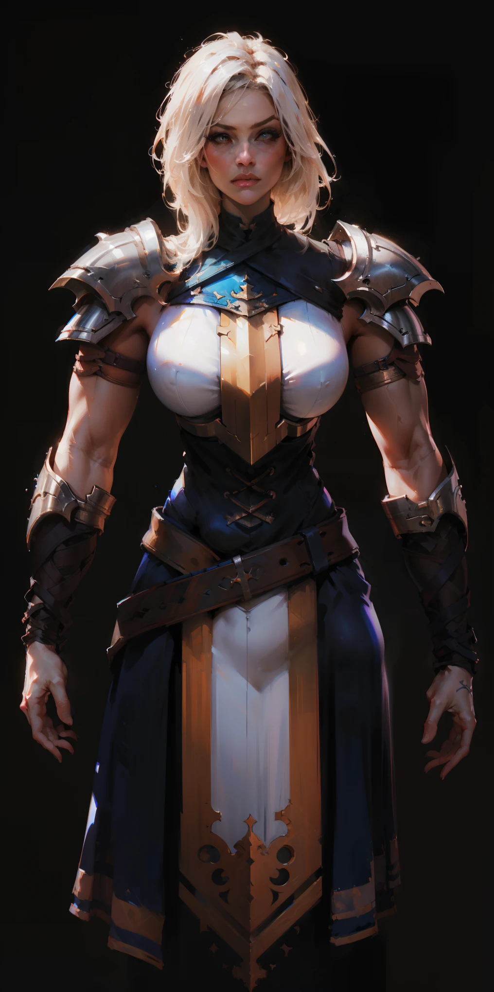 (black background) 1soloefemale, low angle, from below, paladin templar lady in white tabard, correct anatomy, epic fantasy digital art, tmasterpiece, 8k, high definition resolution, detailed drawing, superior quality, epic composition, female muscular body cover breastplate, muscular turned arms behind body