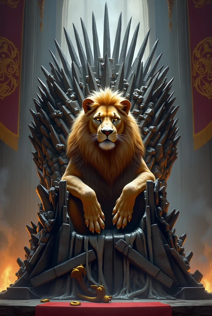 Lion sitting on the iron throne 

