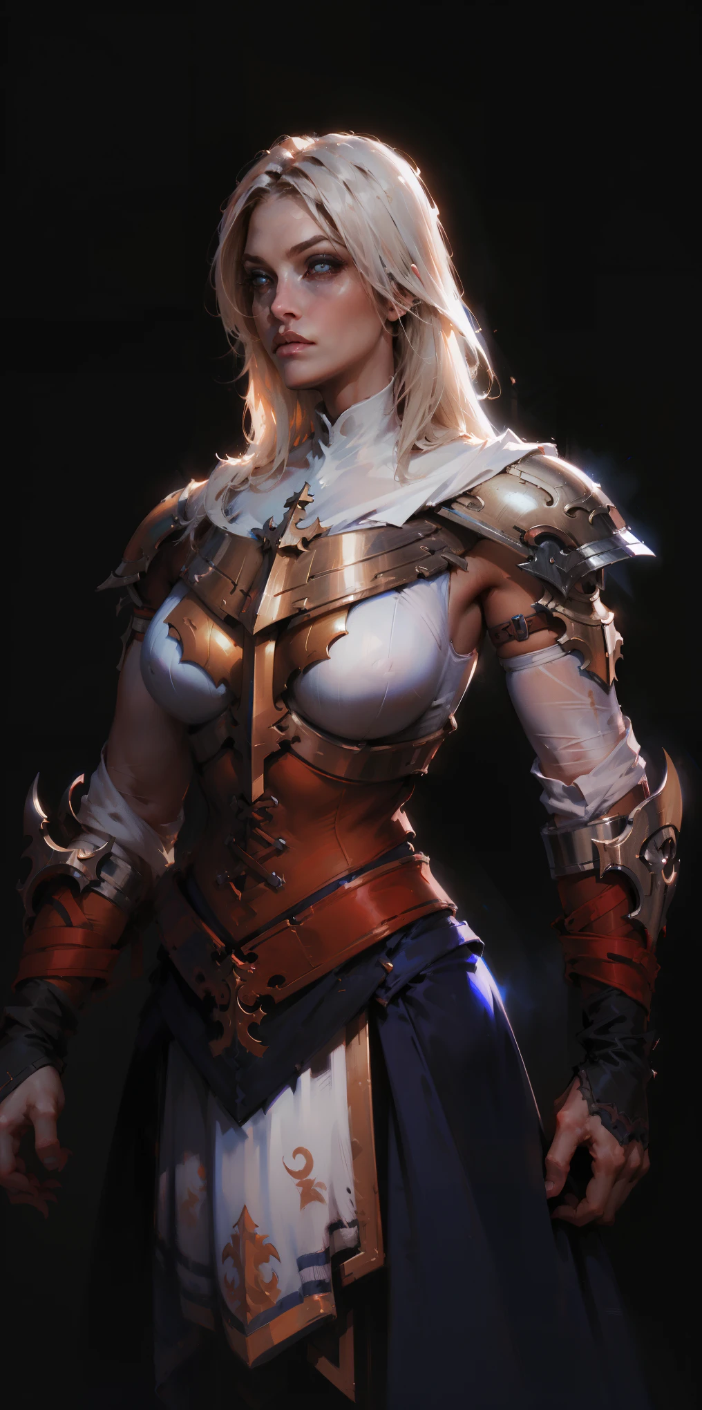 (black background) 1soloefemale, low angle, from below, paladin templar lady in white tabard, correct anatomy, epic fantasy digital art, tmasterpiece, 8k, high definition resolution, detailed drawing, superior quality, epic composition, female muscular body cover breastplate, muscular turned arms behind body
