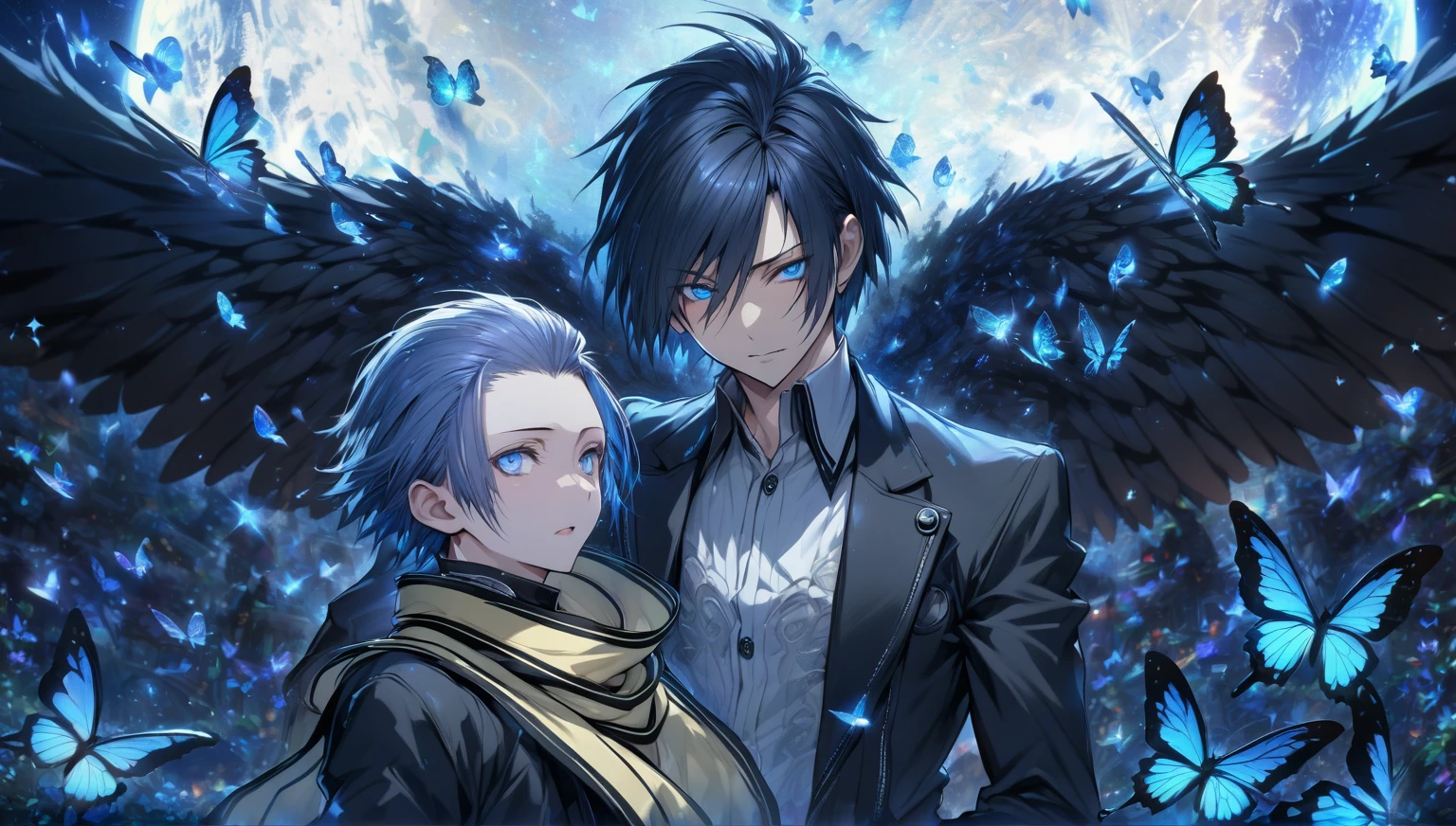 absurdres, highres, ultra detailed, HDR, masterpiece, extremely detailed face and eyes, perfect face, Mochizuki Ryouji, black hair, hair slicked back, expressive blue eyes, Persona 3, Yuki Makoto, dark blue hair, expressive blue eyes, two men together, handsome, mature man, adult face, white shirt, yellow scarf, black jacket, blue moon, blue butterflies, magical, fantasy, glittering, blue dust, black angel wings