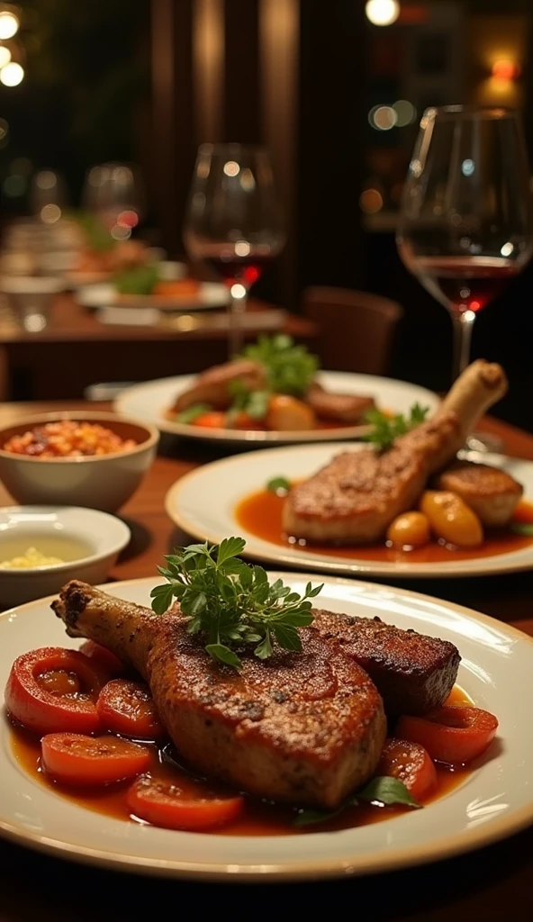 Dishes with not very abundant meat and vegetables served on the table in a restaurant at night, The photo is taken before eating with the table already set