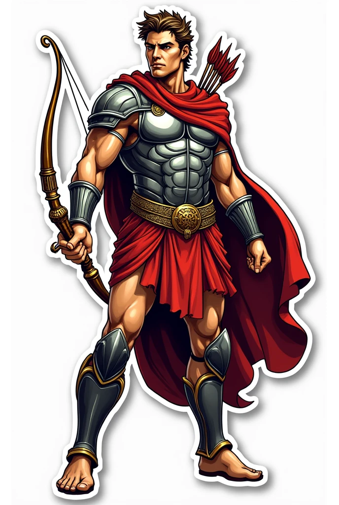 Apollo the god of sun wearing an armour and holding a bow and arrow and a lyre. Make him facing in front and his face a little fierce. No background, with bold outline, and sticker style. Make it just a half body. Make him holding the bow in his right hand, the lyre in his left hand, and the arrows at his back.