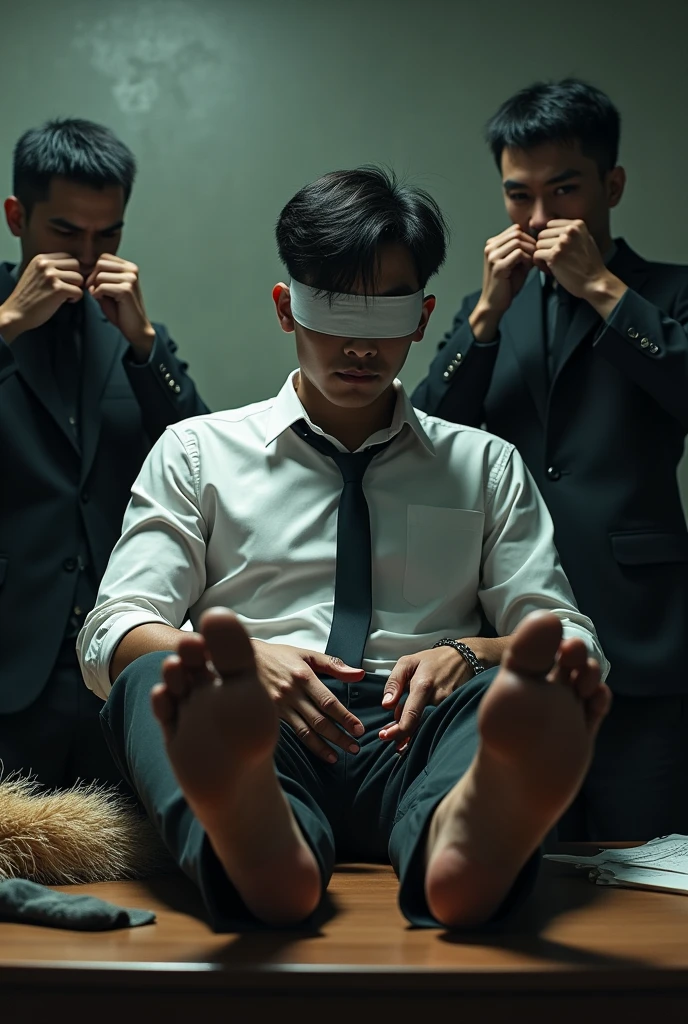 Malaysia handsome malay 22 years lawyer
He faint
Smelly feet
His hand handcuff in abondon warehouse
Blindfolded
handcuff
Formal Outfit
Focus sweaty hot feet on desk
feather duster on desk
Dirty black long sock on desk
2 evil mafia pinch nose
