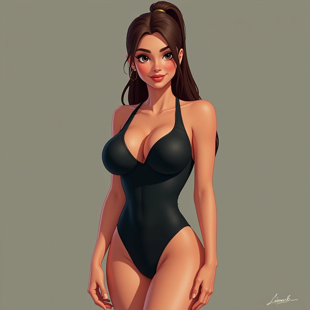 Curvy swimmer girl in extremely tight one piece swimsuit, she is got and flushed, her hair is tied back in a tight pony tail. Her hair is brown and long￼Looking at viewer, large breasts and cute medium sized thighs￼