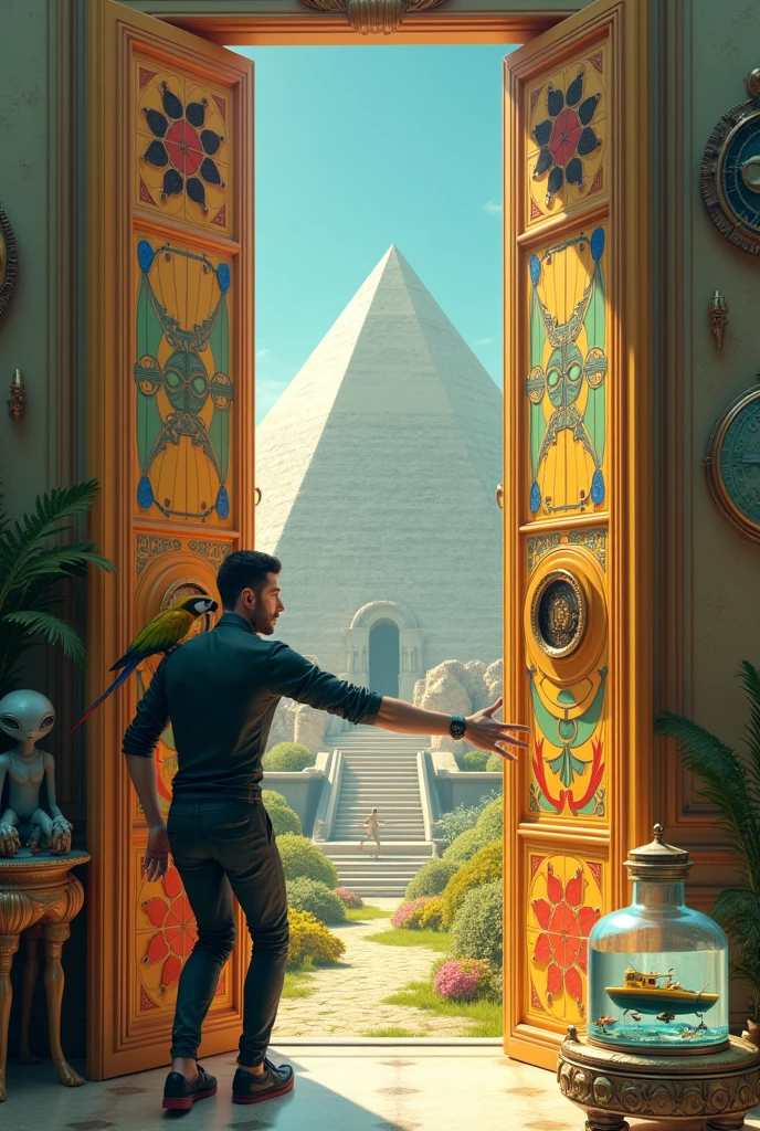Un homme avec des vêtements futuristes pousse des deux mains des portes futuristes  avec des figures géométriques de couleurs différentes sur la porte et devant lui une pyramide avec de l'herbe et des animaux ,le tout ressemblent à la peinture que j'ai publié et un robot et à côté devant une des portes et le personnage caucasien avec un Péroqué sur l'épaule et un aspect baroque est légèrement ajouté une soucoupe volante est ajouté et un extra terrestre petit gris,le personnage se tient droits les jambes légèrement écartées en poussant les portes il y a des mécanismes et horlogerie sur les portes et une voiture ancienne améliorée venus du futur ajouté une grande bouteille d'eau avec un bateau sur l'eau dans la bouteille et des poissons tout les détails son de la description sont dans l'image et n'oublions pas l'eau dans la bouteille avec les poissons 