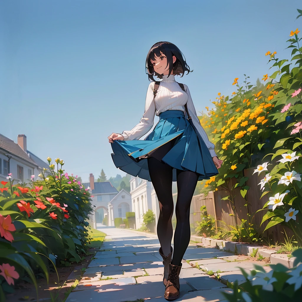 (high quality, High resolution, Very detailed, reality:1.37), Peaceful atmosphere, (Outdoor, garden), Teenage girl standing alone, (my breasts are big.), Beautiful details, Cute Smile, (Black bob hair), Ribbed sweater, Blue Skirt, Black tights, Brown boots.