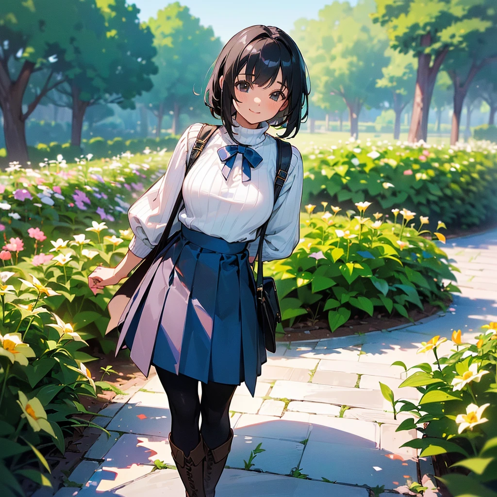 (high quality, High resolution, Very detailed, reality:1.37), Peaceful atmosphere, (Outdoor, garden),  girl standing alone, (my breasts are big.), Beautiful details, Cute Smile, (Black bob hair), Ribbed sweater, Blue Skirt, Black tights, Brown boots.