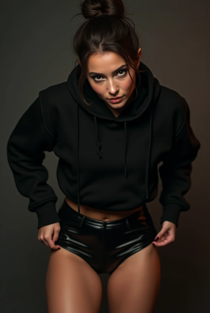 a woman in a black hoodie bending over, pulling up her black leather shorts, detailed face, detailed eyes, detailed lips, detailed hair in a bun, realistic, high quality, photorealistic, 8k, best quality, ultra-detailed, physically-based rendering, vivid colors, studio lighting, dramatic lighting, cinematic, moody, chiaroscuro