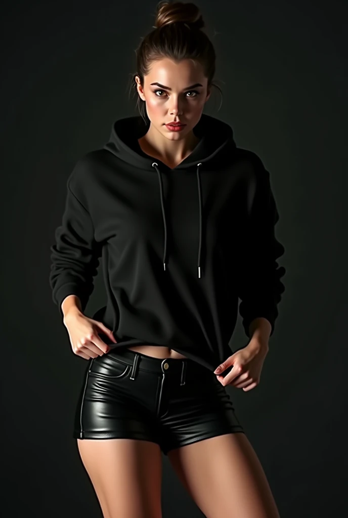 a woman in a black hoodie bending over, pulling up her black leather shorts, detailed face, detailed eyes, detailed lips, detailed hair in a bun, realistic, high quality, photorealistic, 8k, best quality, ultra-detailed, physically-based rendering, vivid colors, studio lighting, dramatic lighting, cinematic, moody, chiaroscuro