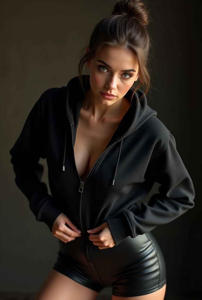 a woman in a black hoodie bending over, pulling up her black leather shorts, detailed face, detailed eyes, detailed lips, detailed hair in a bun, realistic, high quality, photorealistic, 8k, best quality, ultra-detailed, physically-based rendering, vivid colors, studio lighting, dramatic lighting, cinematic, moody, chiaroscuro