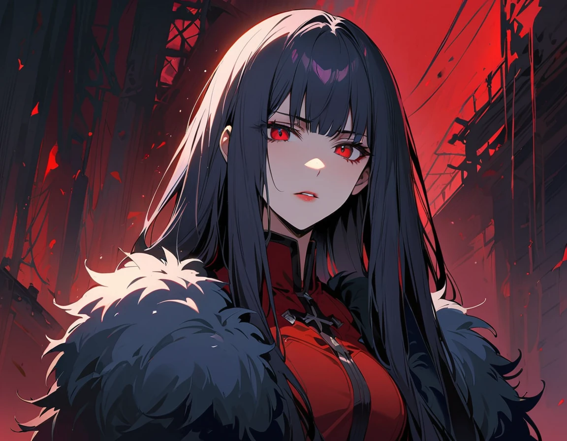 Long dark hair, dark eyes, evil, black and red clothes, evil face, evil, gloss lips, sinister, front look, bloody, gloves, close up, portrait, beautiful eyes, big white, dark place, night, sensual, straight hair cut, clear skin, evil, young 30 years girl, adult girl, solo, red, very long hair, ankle length hair, handsome older WOMAN,red pupils,Long dark blue hair,Hyperresolution,accuracy,Detailed rendering,(Image of fine hair)(topquality)(Masterpieces of masters)(High degree of completeness)(A sense of atmosphere)tmasterpiece,Super detailed and super detailed(((full-body)))(((Loose fur fighter outfit))) (((Soft expression)))(((ankle length dark blue hair)))