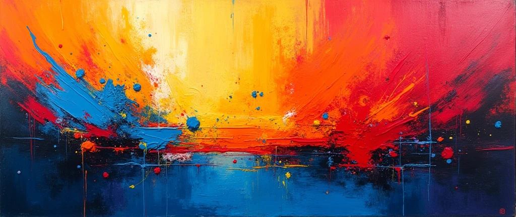 A vibrant abstract expressionist artwork featuring dynamic, bold strokes and splashes of bright colors like red, blue, orange, and yellow. The painting should have a sense of movement and energy, with the colors blending and interacting in a chaotic yet harmonious manner. The composition should evoke the style of action painting, where the physical act of applying paint is evident, creating an explosion of color and form that suggests spontaneity and emotion.
