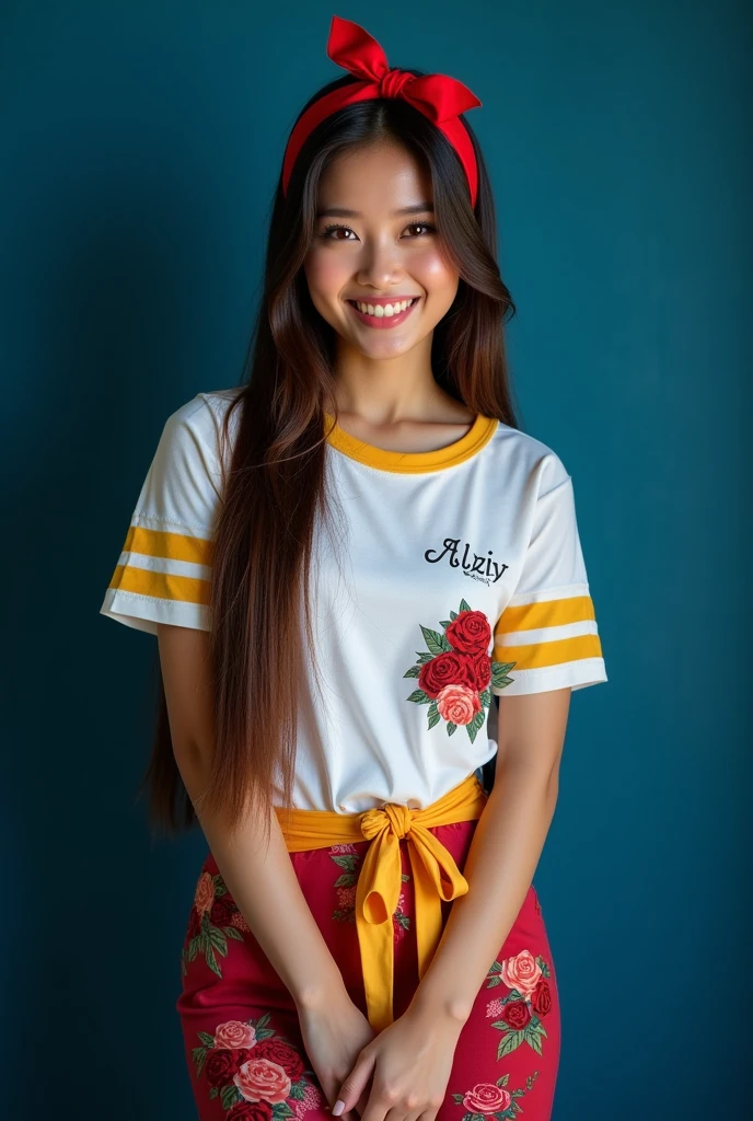 Create a 4 full body beautiful Thai's woman's smiles brightly, has a long straight shiny hairstyle with red headband, wears a rose's designs and say's  " alliz " white t-shirts yellow stripes colorful pants rose's designs and black beautiful shoes, standing on the dark blue, photography.