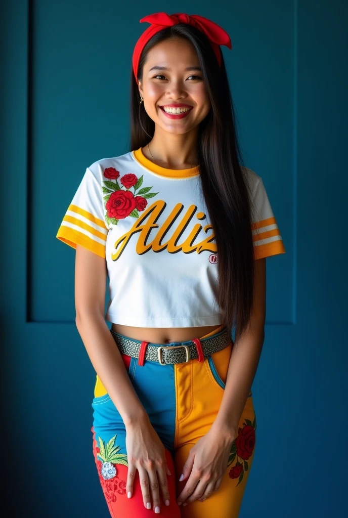 Create a 4 full body beautiful Thai's woman's smiles brightly, has a long straight shiny hairstyle with red headband, wears a rose's designs and say's  " alliz " white t-shirts yellow stripes colorful pants rose's designs and black beautiful shoes, standing on the dark blue, photography.