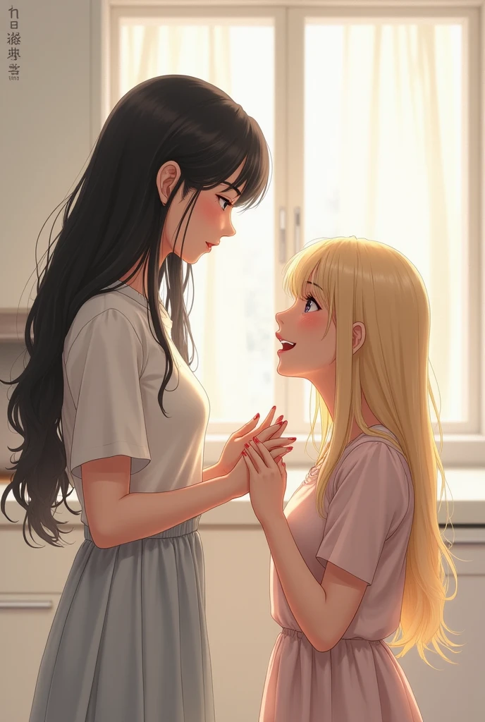 an asian woman with long black hair standing in front of another asian woman with long blonde hair kneeling proposing in a white kitchen