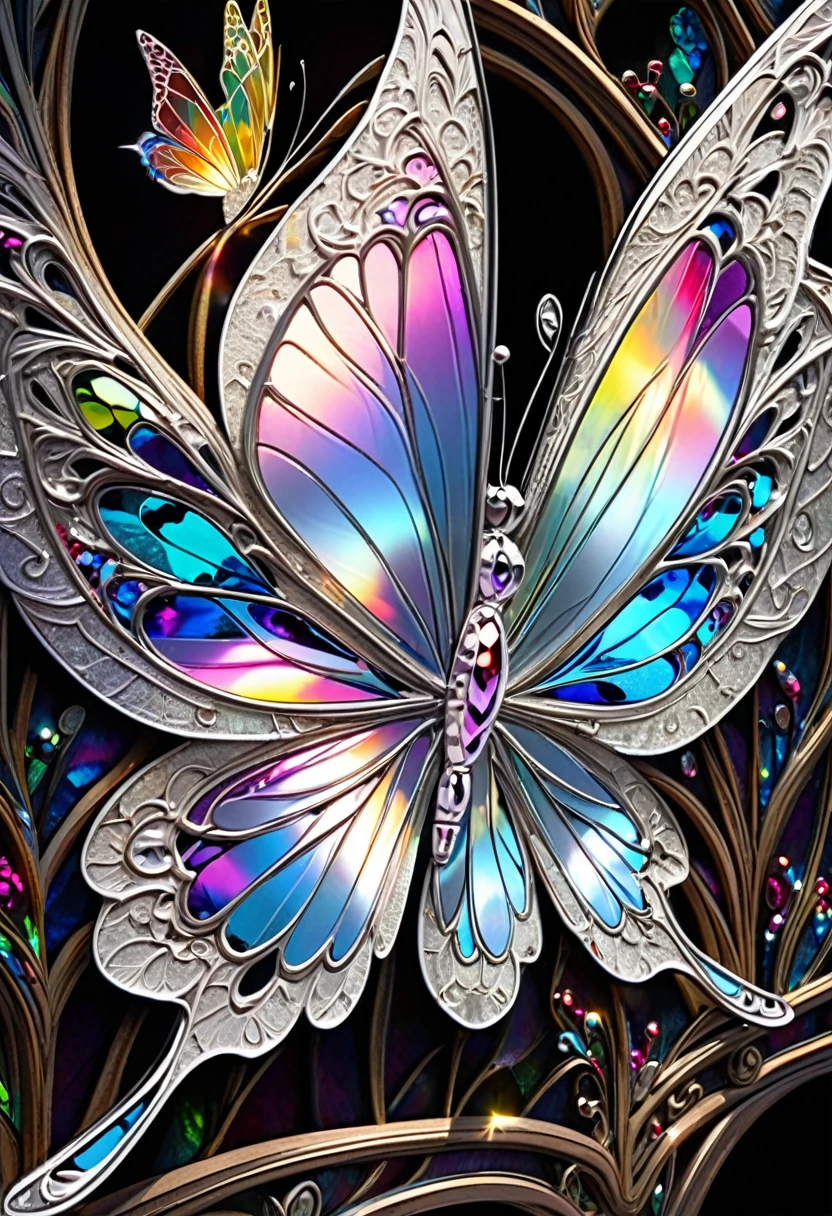 stained glass butterfly, a work of art carved from pearl platinum crystal, (ultra detailed, absolutely resolution, best quality:1.3), 2.5D, delicate and dynamic effects, iridescent lighting effects, artistic photography, hyper realistic