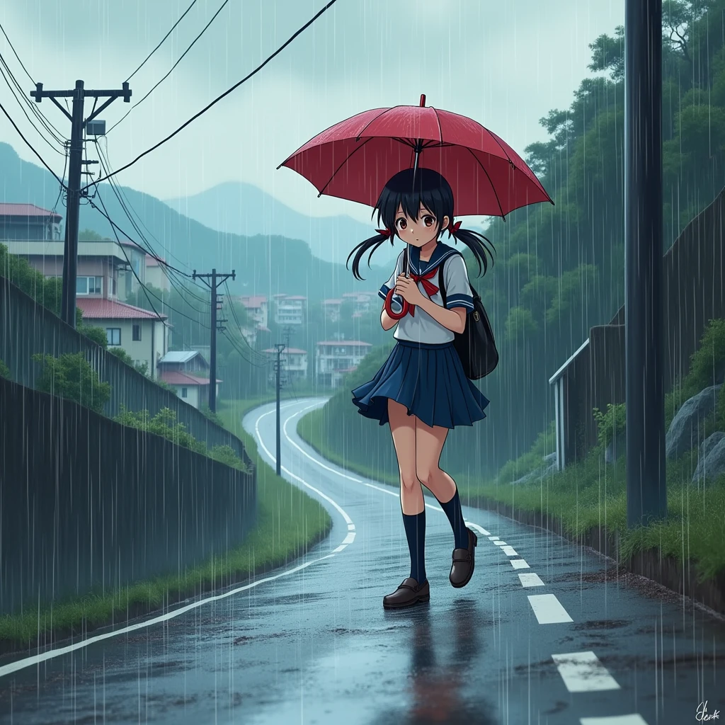 Anime Style, A girl walking down a hill, Walking along the side of the road, Holding an umbrella, Confused expression, Very heavy rain, The girl is partly wet from the rain, water droplets on the umbrella.
Steep Slope, Slope 45 degrees, steep hill, very sloped road, very sloping ground.
The girl is wearing a white sailor suit with short sleeves and a navy collar, with a blue ribbon., Wearing a navy blue skirt,
Wearing black high socks, Wearing loafers.
Her hair style is low twin tails, with red ribbons, very long length and black.
Not high twin tails.
Not two-side up.
Black School Bag,
Late teens, Small breasts, Has dark brown eyes.
Open red umbrella.
water, raindrops, 跳ねるwater,
waterたまり, Sidewalk, pavement, Japan roads, Hilly Town, building, Apartment, Electric pole, electric wire, Street lamp, Mountain, Mountainの裾野, sky,
Thick Fog, Outdoor, evening, from front.