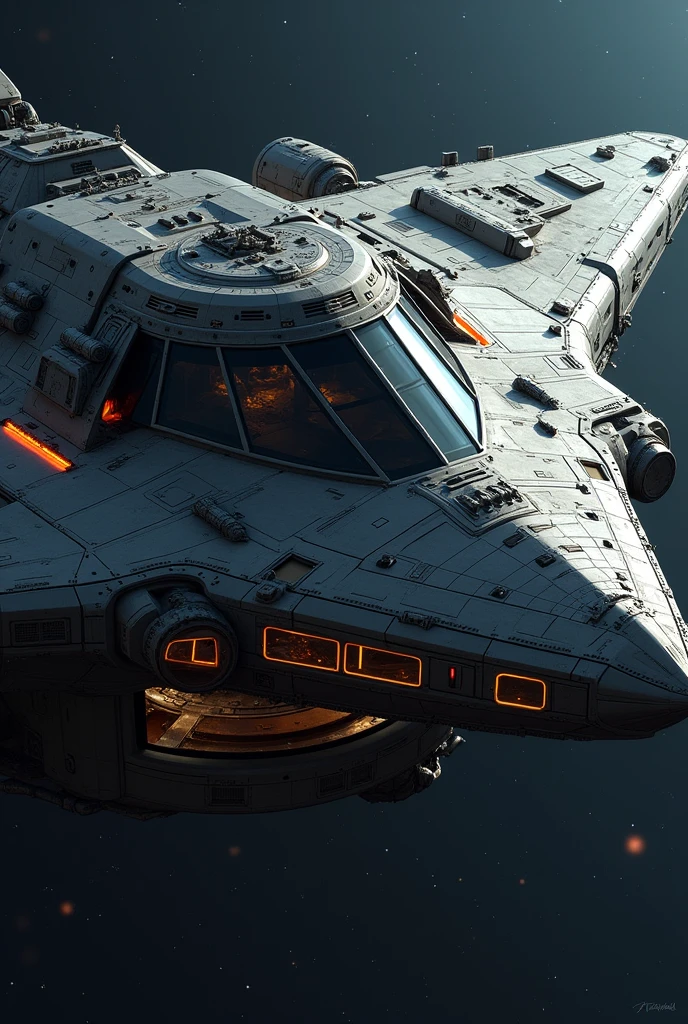 a very terran starship, techpunk, large glass windows on th bridge, cannons