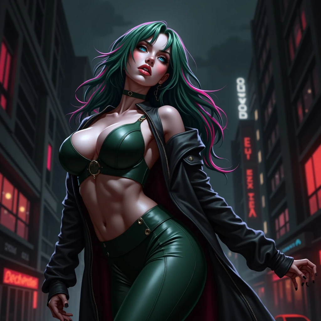 A highly detailed, realistic portrait of a woman with green hair with pink locks, blue eyes, in a modern cyberpunk setting, (best quality,4k,8k,highres,masterpiece:1.2),ultra-detailed,(realistic,photorealistic,photo-realistic:1.37),1girl,beautiful detailed eyes,beautiful detailed lips,extremely detailed eyes and face,longeyelashes,beautiful woman,green hair with pink highlights,blue eyes,anime style,futuristic city background,neon lights,cyberpunk,moody lighting,dramatic shadows,vibrant colors,cinematic composition