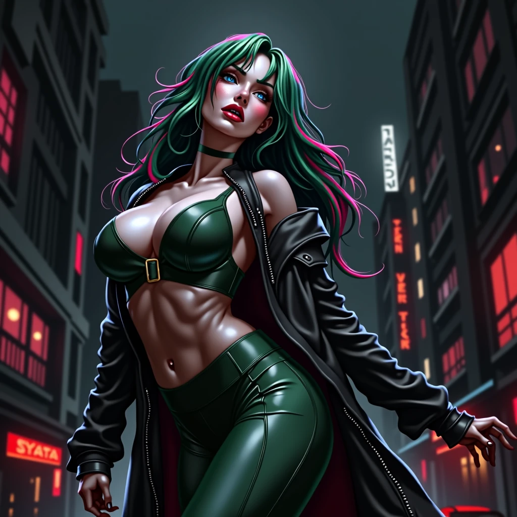 A highly detailed, realistic portrait of a woman with green hair with pink locks, blue eyes, in a modern cyberpunk setting, (best quality,4k,8k,highres,masterpiece:1.2),ultra-detailed,(realistic,photorealistic,photo-realistic:1.37),1girl,beautiful detailed eyes,beautiful detailed lips,extremely detailed eyes and face,longeyelashes,beautiful woman,green hair with pink highlights,blue eyes,anime style,futuristic city background,neon lights,cyberpunk,moody lighting,dramatic shadows,vibrant colors,cinematic composition