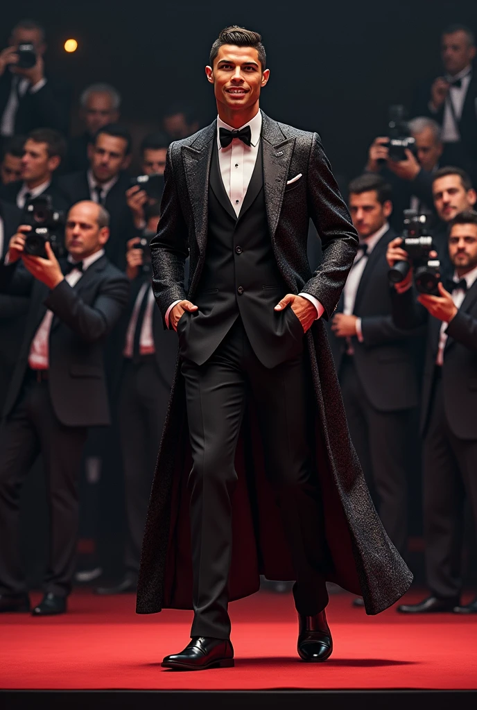 Cristiano Ronaldo;avec des vêtements de luxe; fait son entrée en France,à un événement,sur un tapis rouge,en sourient (imagine realistic ;hd)