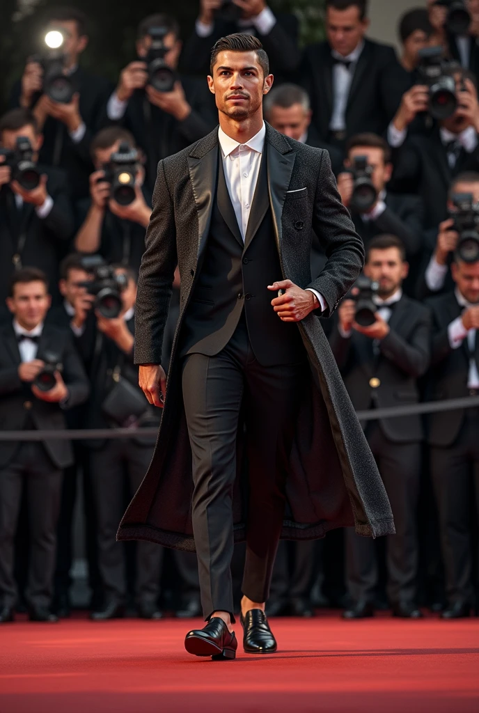 Cristiano Ronaldo;avec des vêtements de luxe; fait son entrée en France,à un événement,sur un tapis rouge,en sourient (imagine realistic ;hd)
