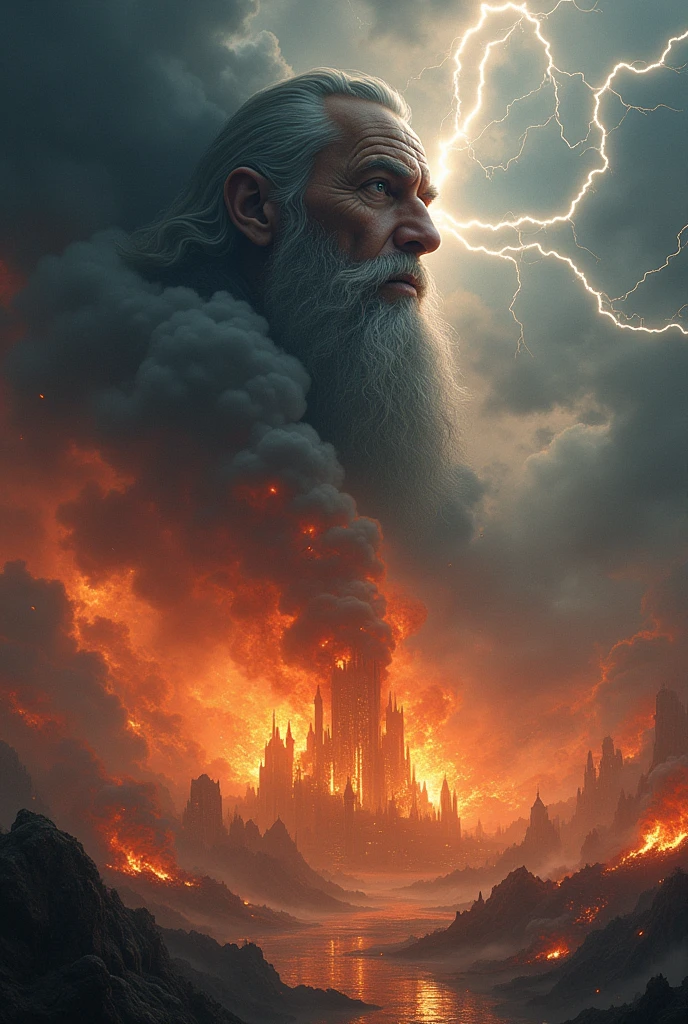 The kingdom of Asgard in flames, natta, lightning, odin&#39;s face in the clouds