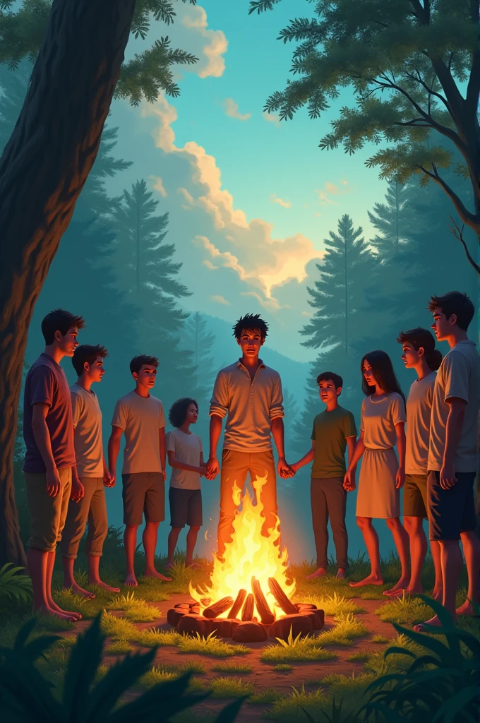 A young man standing next to a campfire, in the middle of a circle formed by people holding hands in a green forest with a beautiful sky.