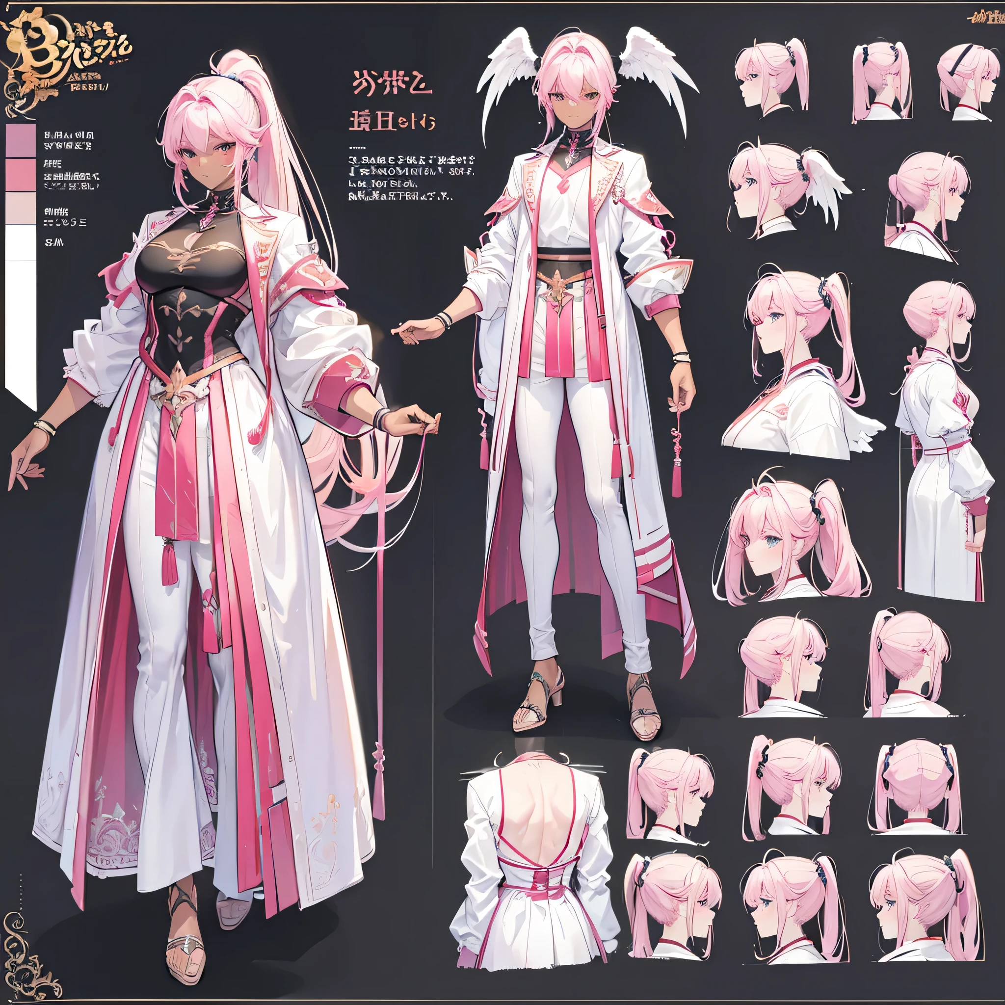 (Masterpiece, best quality), detailed, 1 man, ((character concept art)), ((character design sheet, same character, front, side, back)), full body, body complete, 1 Male angel, 1 Man angel, Detailed face, character design sheet,full bodyesbian, Highly detailed, character sheet, character design, Many parts, dark skin, angel wings, ponytail pink hair, angel outfit, muscle male god, male clothes, masculine, muscle man, male muscle, manly, male angel, Muscle male with ponytail pink hair,beautiful man, beautiful muscle man