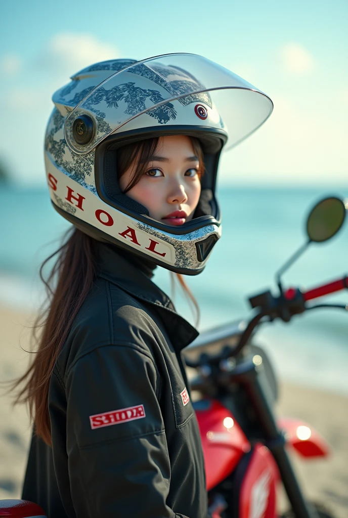 realistic, cinematic scene, very beautiful Japanese high school girl, standing next to the off-road motorcycle, at beautiful quiet beach in resort island, dramatic scene, masterpiece, (face focus:1.3), clear helmet visor, beautiful eyes, Honda CRF250L, stylish patterned Shoei helmet, (wearing off-road rider's outfits), (shoot from behind:1.3)