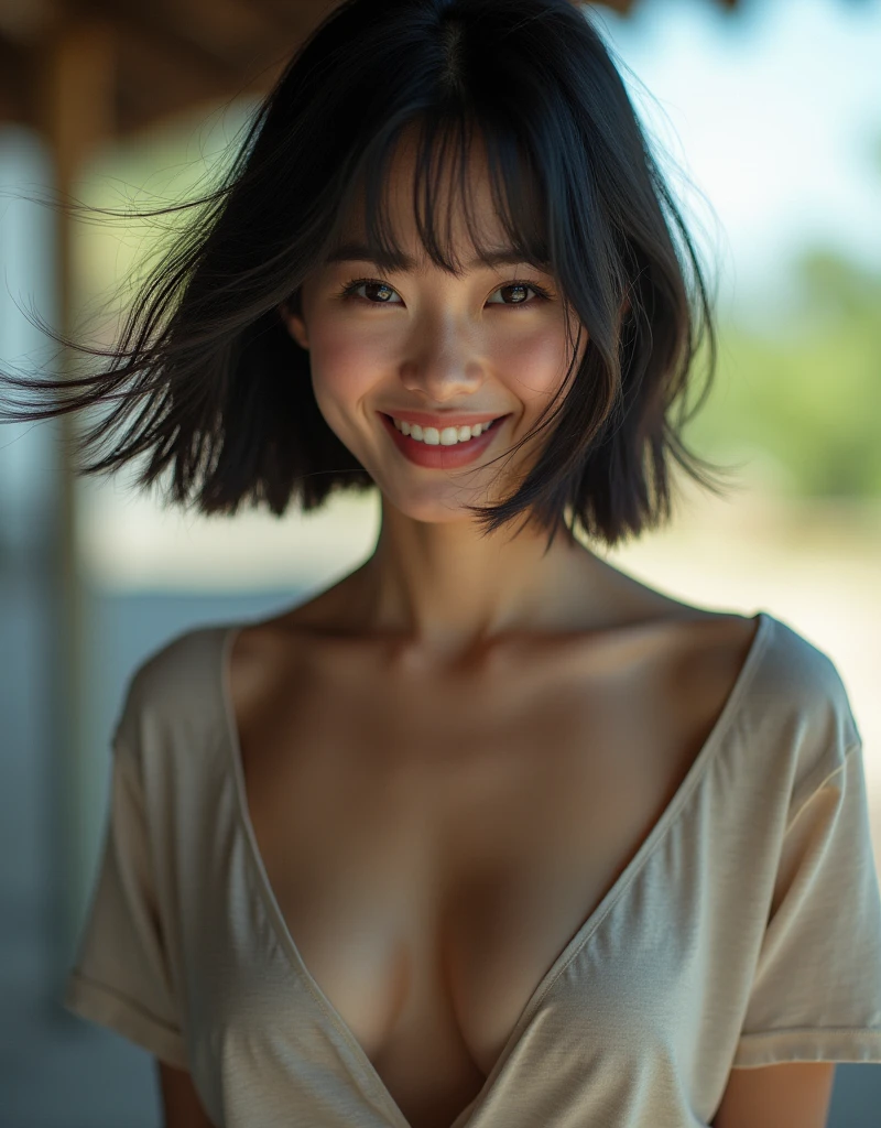 (Highest quality, 8k, 32K, masterpiece, Ultra-high resolution:1.2),Beautiful Japanese Women Photos,Black short hair,Beautiful Face,(Leaning forward:1.3),squat,(From above:1.2),(close:1.4),throw,,Look at other people, wicked grin, Loose fitting T-shirt,Large Breasts,Beautiful nipple exposure,Outdoor,the wind is strong,Glowing Skin, indoors, Blurred Background