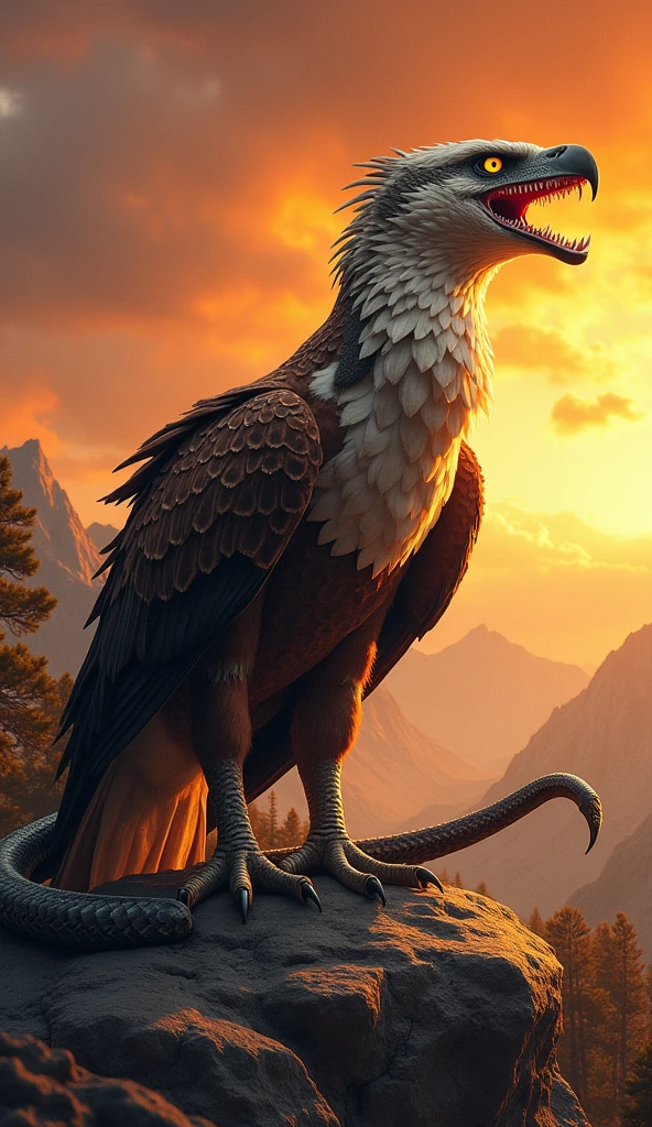 This is a digital image of the body of an eagle with a snake's tail, with its head as a serpent opening its white teeth and walking on rocky ground. The viper is facing the right side of the image, with its mouth wide open, sharp teeth and sharp claws. And its eyes are yellow. The background is a dark orange sky from sunset. The land is covered with rocks and boulders and there are some trees and mountains in the distance. The general feeling of the image is fierce and powerful.