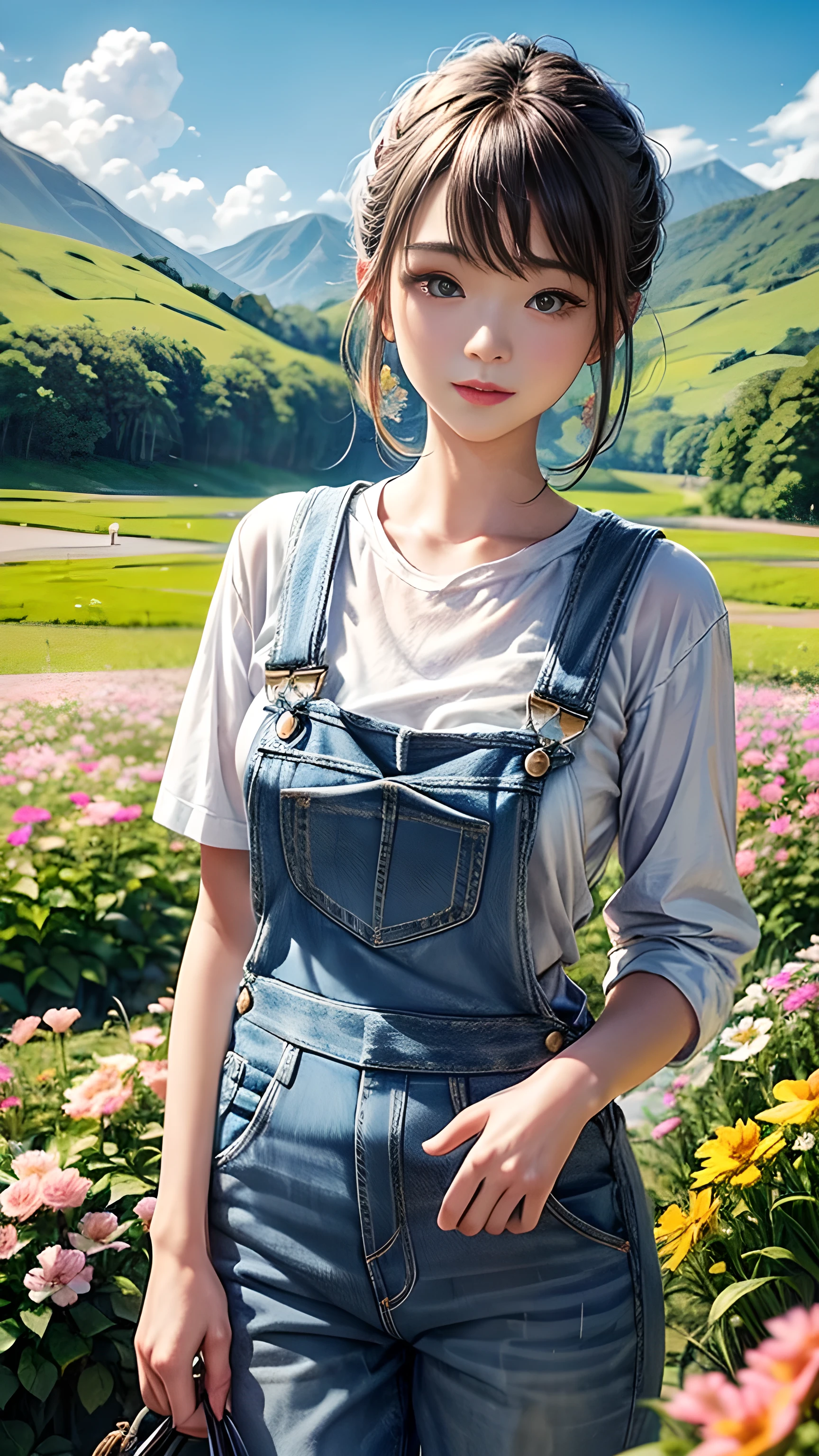 Imaginative ideas about your dream girlfriend、Warm description,Envision becoming your dream lover and life partner。She embodies the simplicity of Chinese rural girls、Diligent,Integrate wisdom、Beautiful and Diligent personality。This artwork depicts her in a rural setting,Radiate sweetness、Romantic atmosphere。((She was wearing simple denim overalls and a white shirt)),It reflects her humble origins and simple character.。Gentle and beautiful facial features,Very friendly expression、Tempting。Picturesque rural scenery in the background,Rolling Hills、Fields and traditional country houses,Adds a sweet and rustic romantic charm。The overall style combines realism and idealized rural beauty,Embodying the dreamlike、The essence of a cute country girl, (Flowers Watercolor:1.5),(Ultra high saturation, Bright and vivid colors:1.5), (National Foundation), (Look directly at the audience:1.5)
