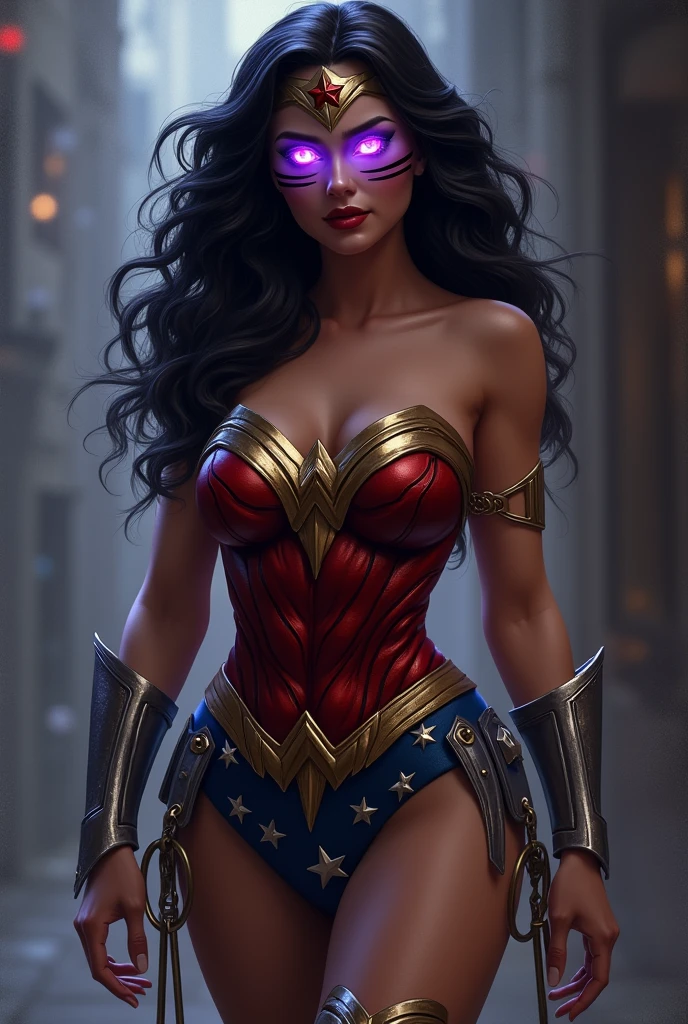  Sexy Wonder Woman with a really big tit and big hips and mesmerizing eyes with purple swirls and big black stripes in her eyes