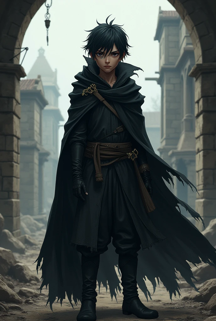 Um djinn, with black hair and eyes, sem beard, with a scar on his face. Wearing an ancient and torn black cloak. anime traits, in a medieval time. your hair goes to your shoulder, sem beard no rosto, the djinn also has a braid on the left side of his hair. Djinn é jovem, sem beard no rosto.
The djinn has dark skin.