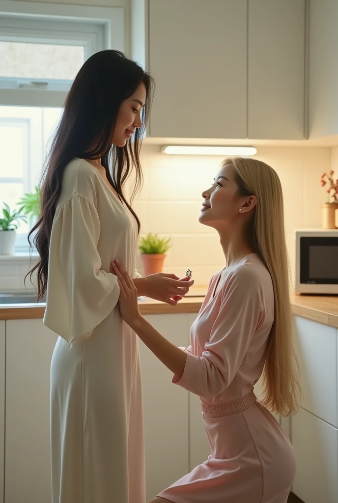 an asian woman with long black hair standing in front of another asian woman with long blonde hair kneeling proposing in a white kitchen realistic cinematic
