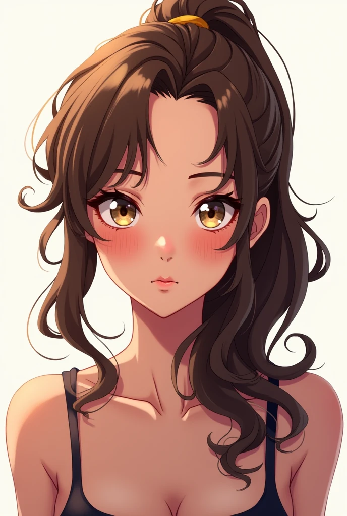 animated front woman with brown hair and forehead a wide length hair with ponytail with white background passport photo style