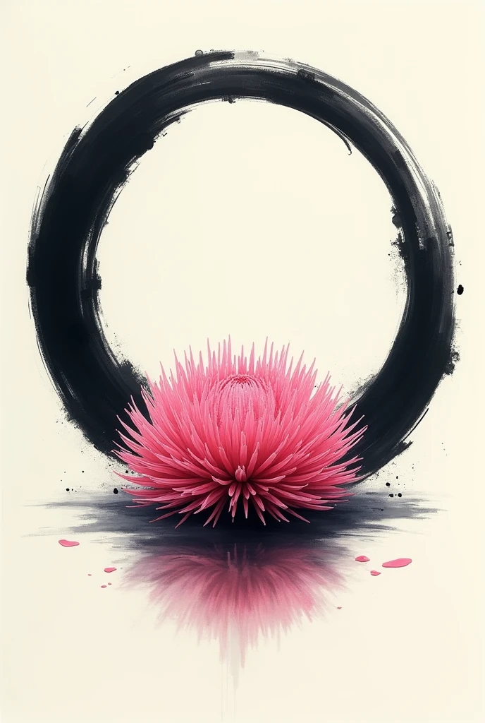An Enso circle with a pink gonfrena flower in the center