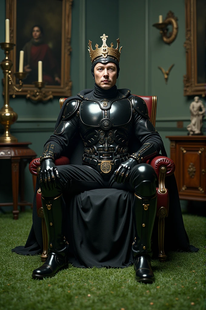 The elon musk in black robot tic costume and on head King mukut sit down a old type room decorated grass by old things